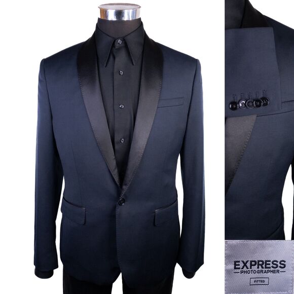 EXPRESS Photographer Fitted Mens Tuxedo Blazer Dinner Jacket 38S Blue Shawl - Picture 1 of 13